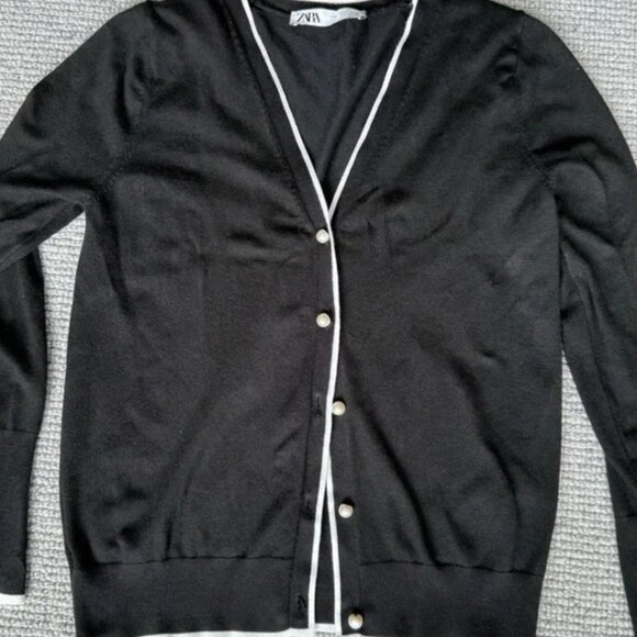 Zara Black Cardigan Pearl Button Down White Trim L - Picture 7 of 8